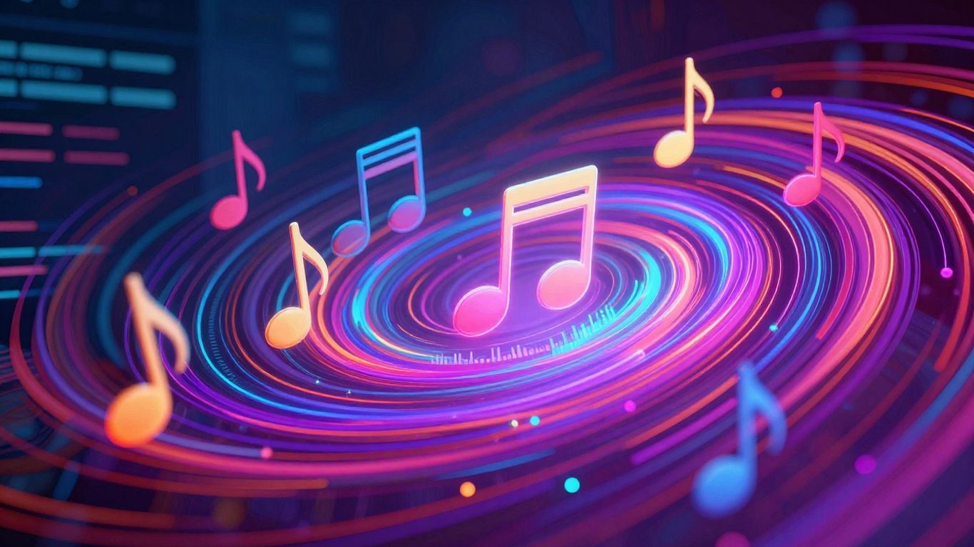 AI music video generator interface with swirling notes.