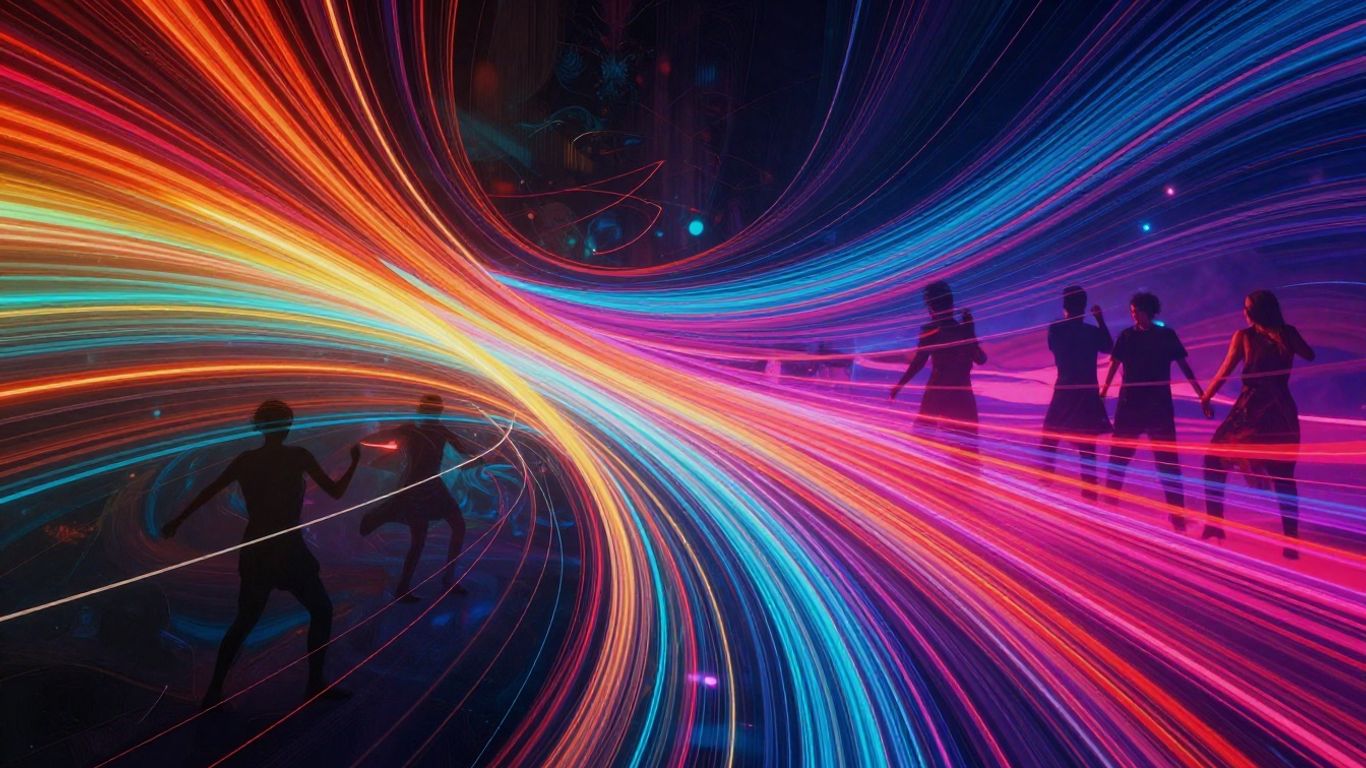 Abstract colorful visuals with dancing silhouettes.