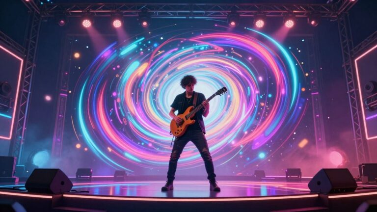 AI music video with musician and neon lights.