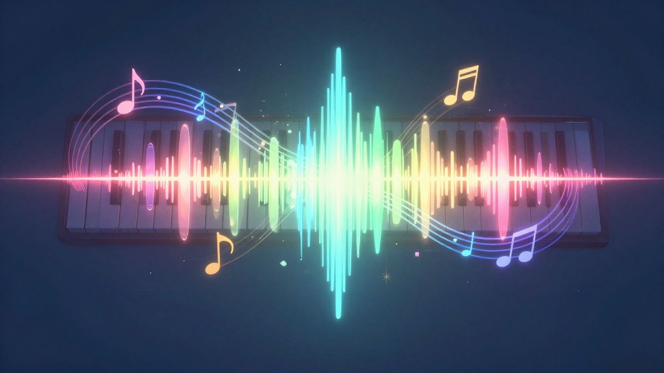 Abstract sound waves and musical notes from a keyboard.