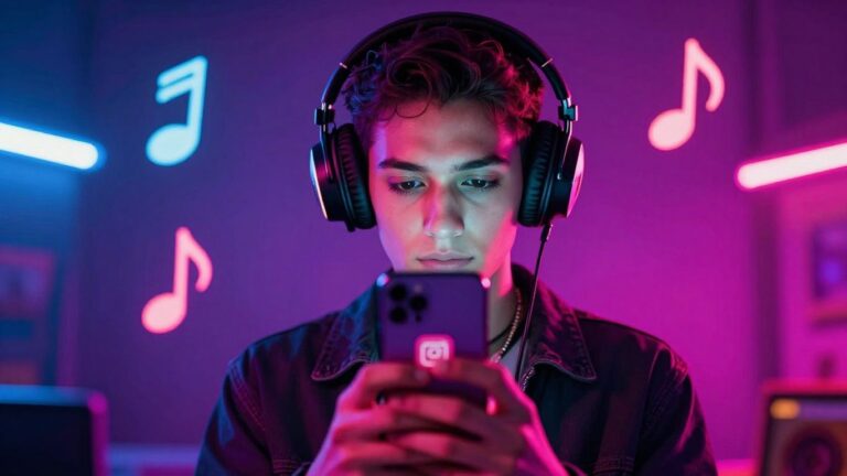 Trendy person with headphones and neon Instagram vibe