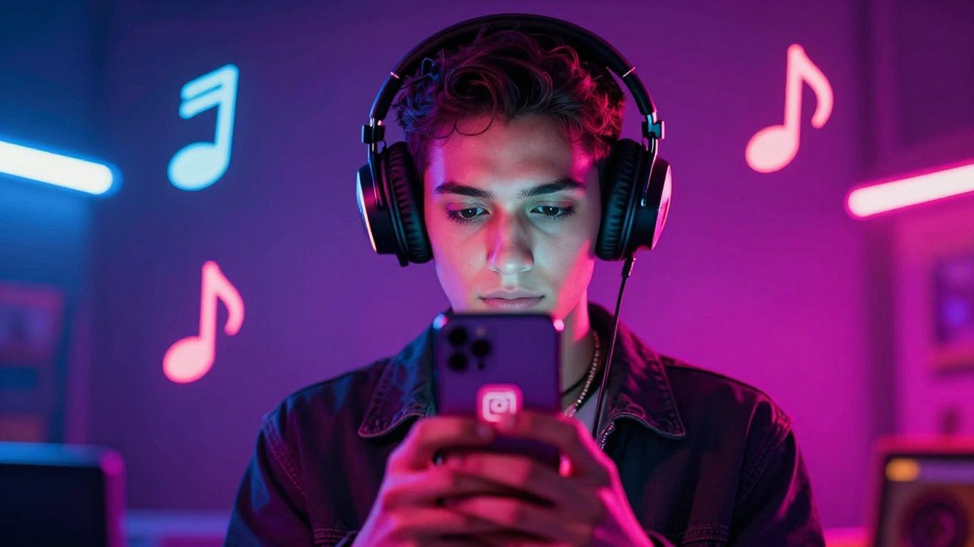Trendy person with headphones and neon Instagram vibe