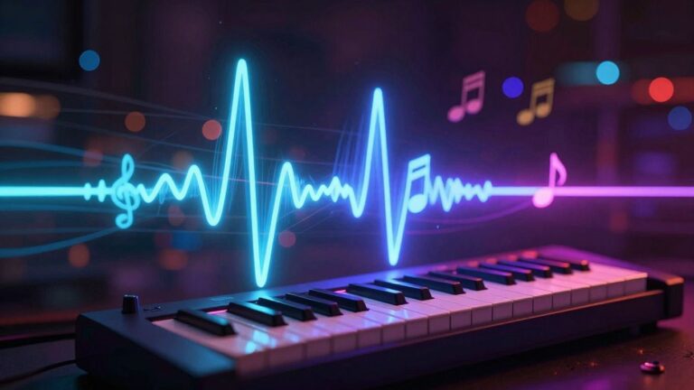 Abstract sound wave with musical notes and synthesizer.