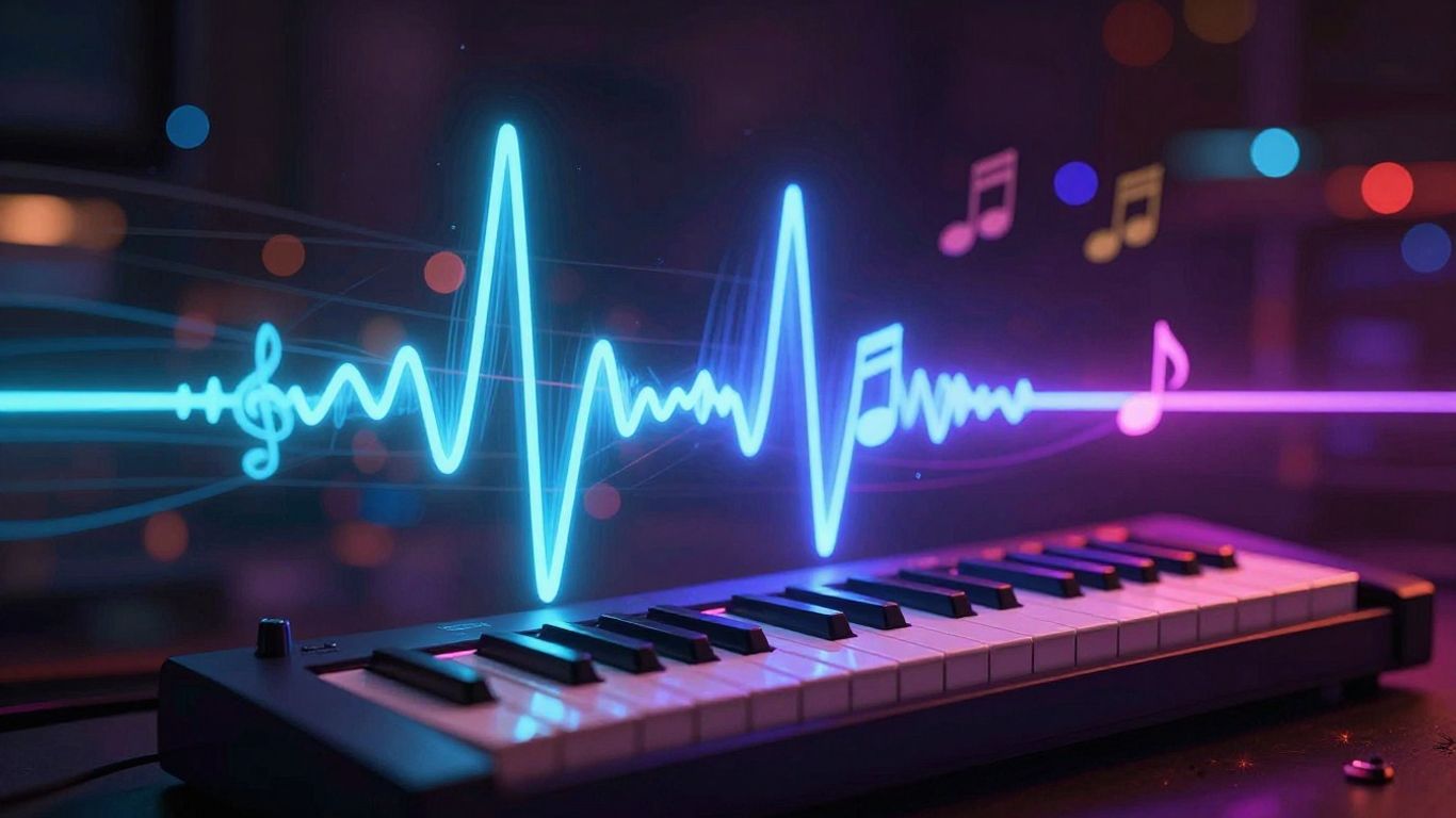 Abstract sound wave with musical notes and synthesizer.