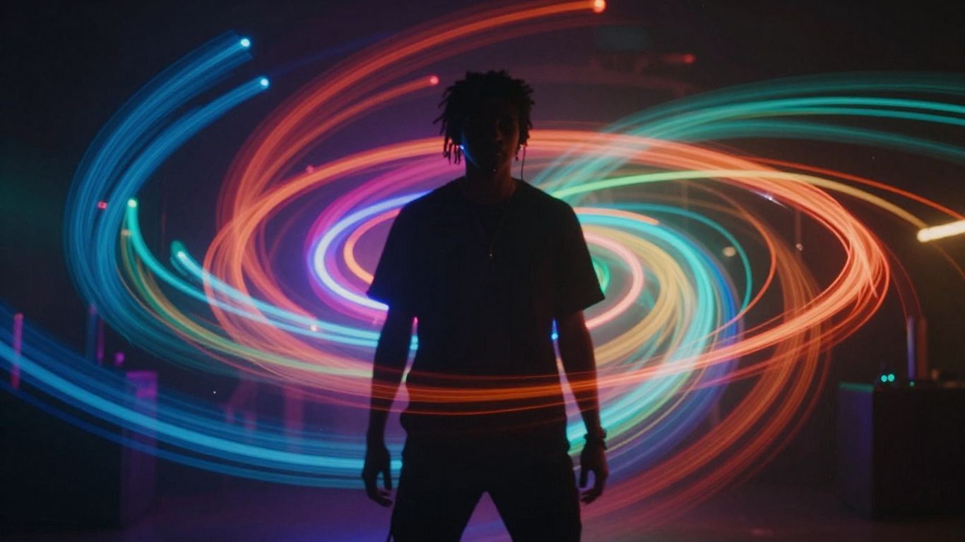 AI music video creation with swirling lights.
