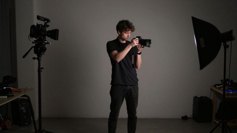 Filmmaker creating a music video alone with basic equipment.