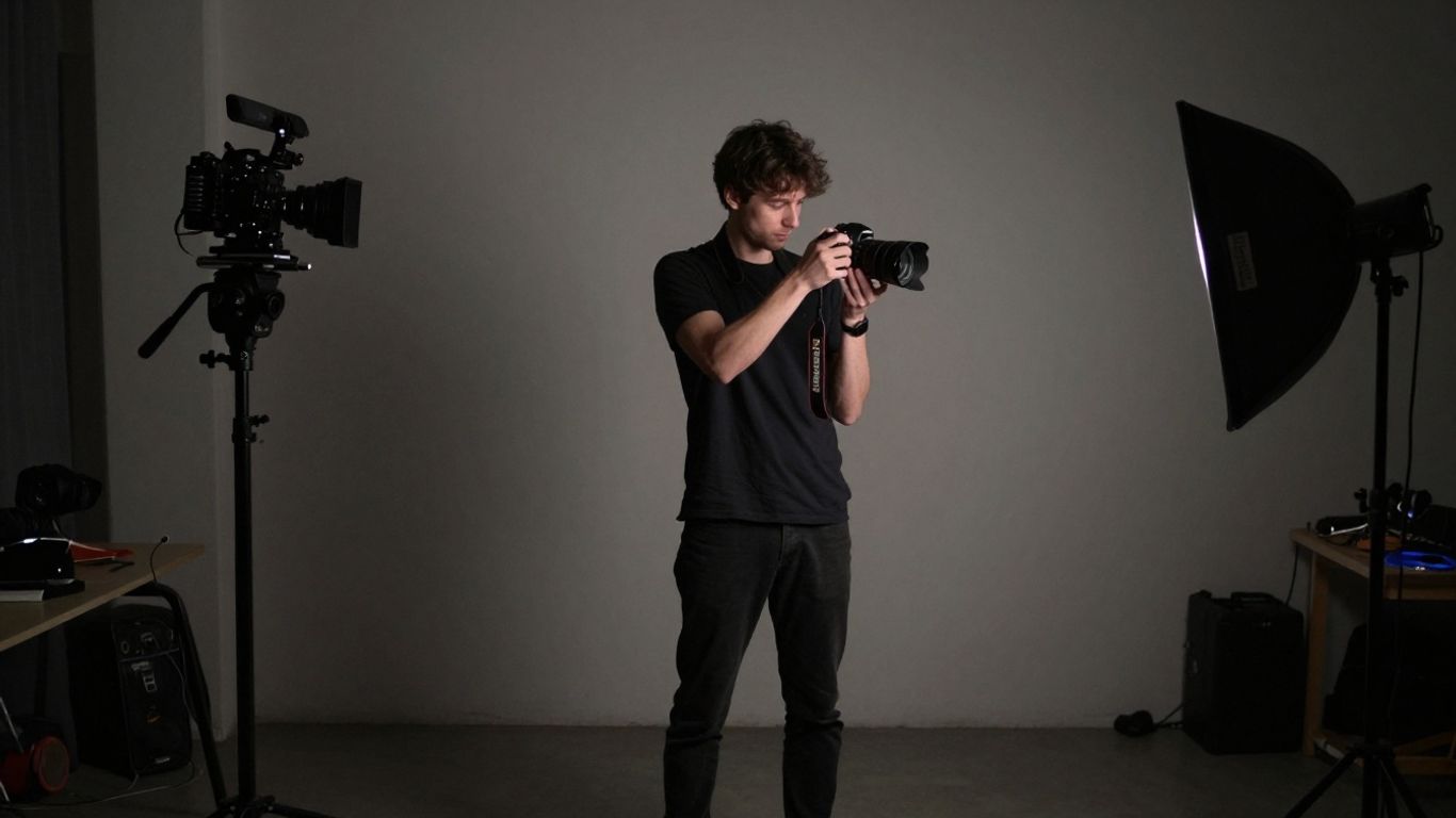 Filmmaker creating a music video alone with basic equipment.