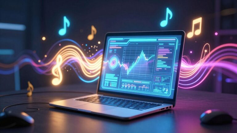AI song creation studio with glowing sound waves.