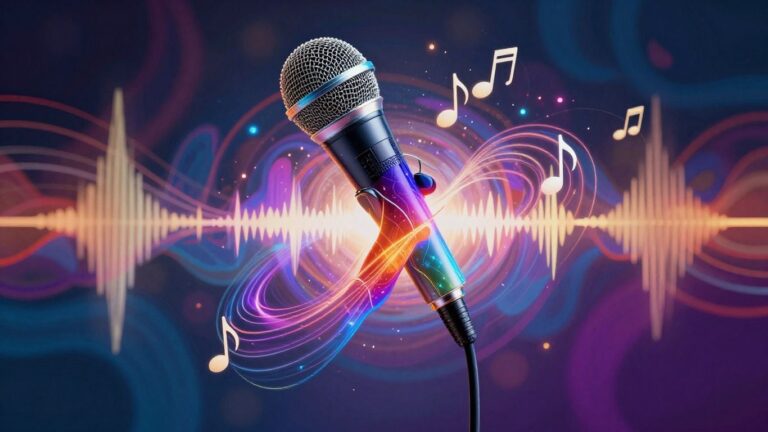 Sound wave transforming into music notes from microphone.