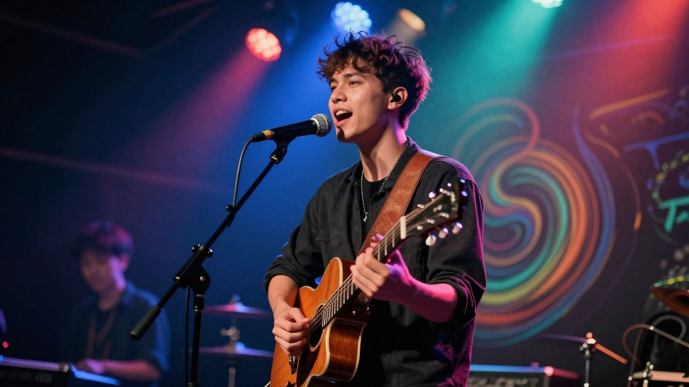 Indie musician performing with AI-generated visual effects.