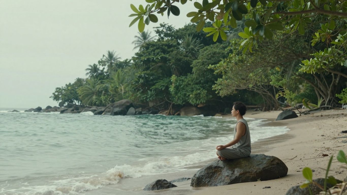 Person meditating by a peaceful shore