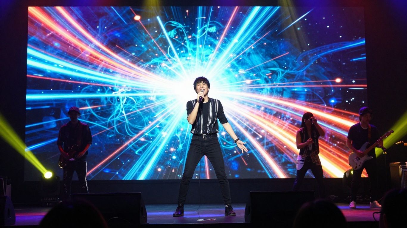 Person dancing and singing with colorful lights.