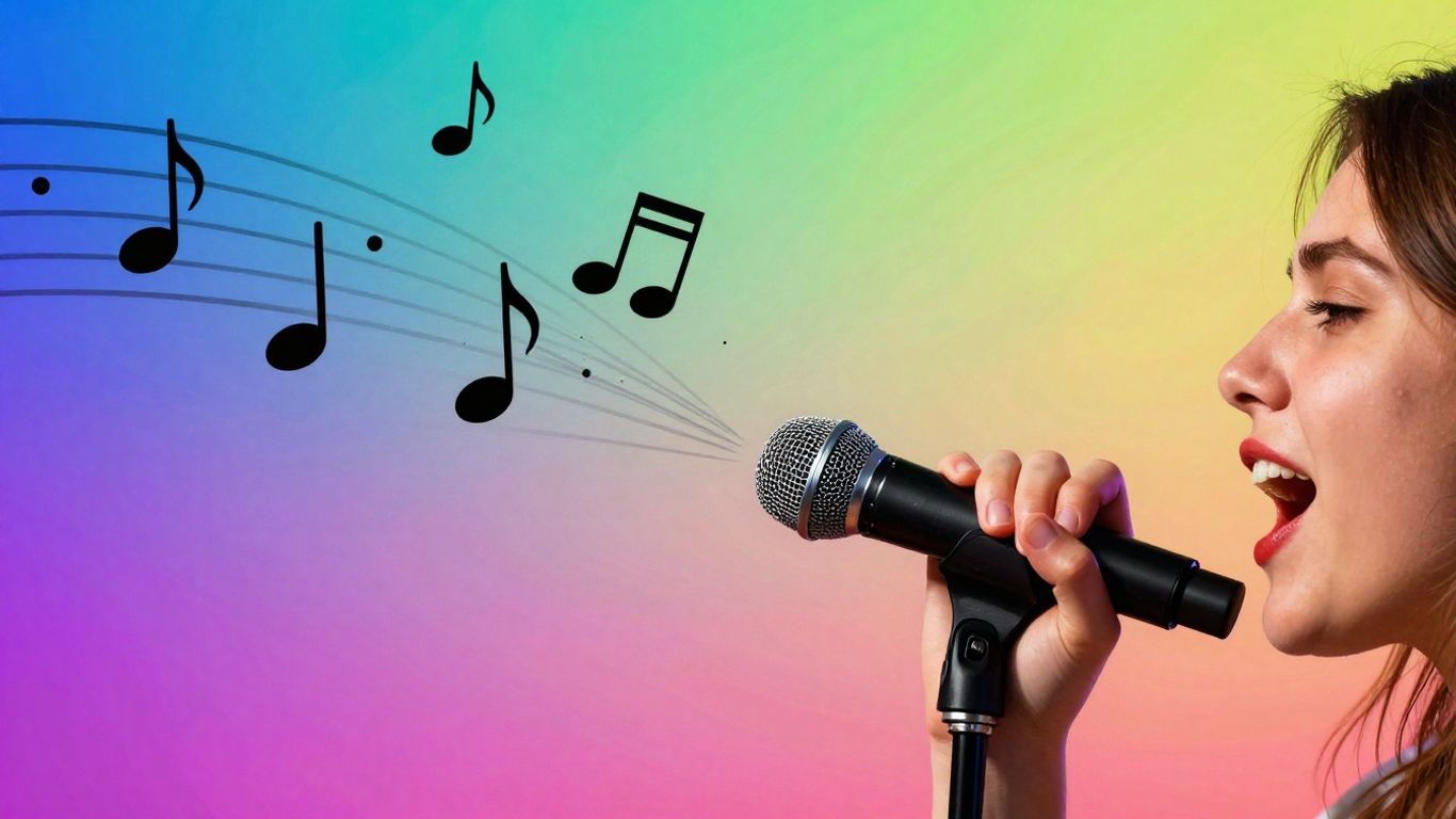 Person singing into microphone with musical notes.
