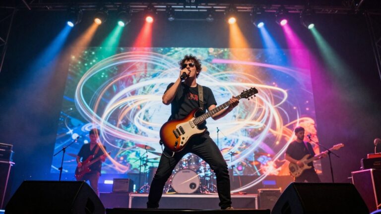 Musician performing on a vibrant stage with light trails.