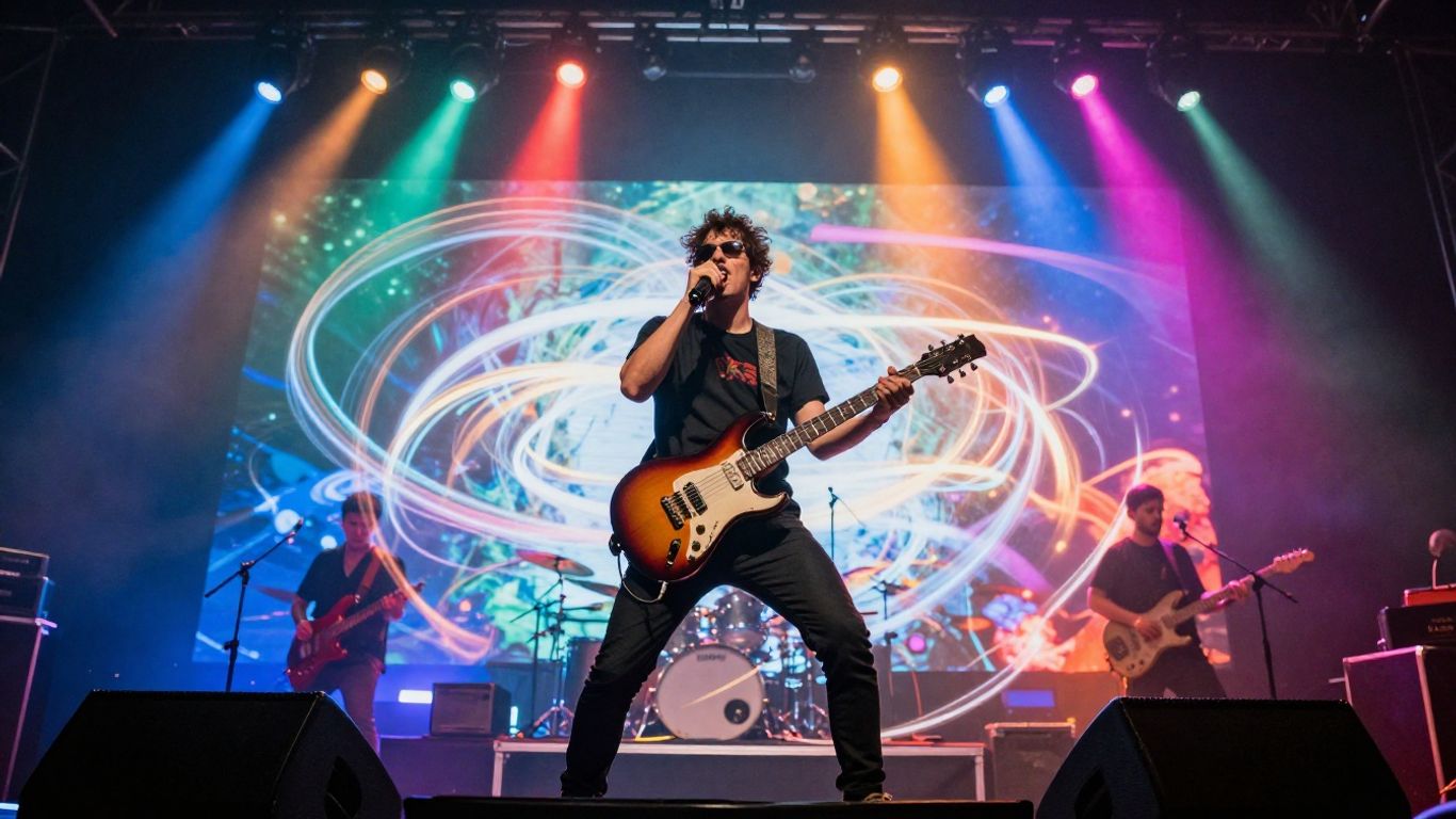 Musician performing on a vibrant stage with light trails.