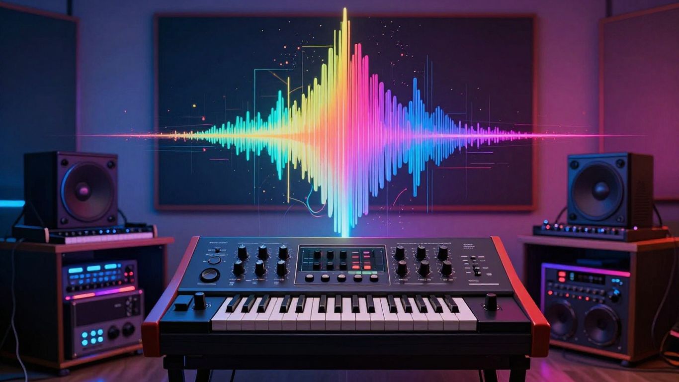 AI song visuals with sound waves and synthesizer.