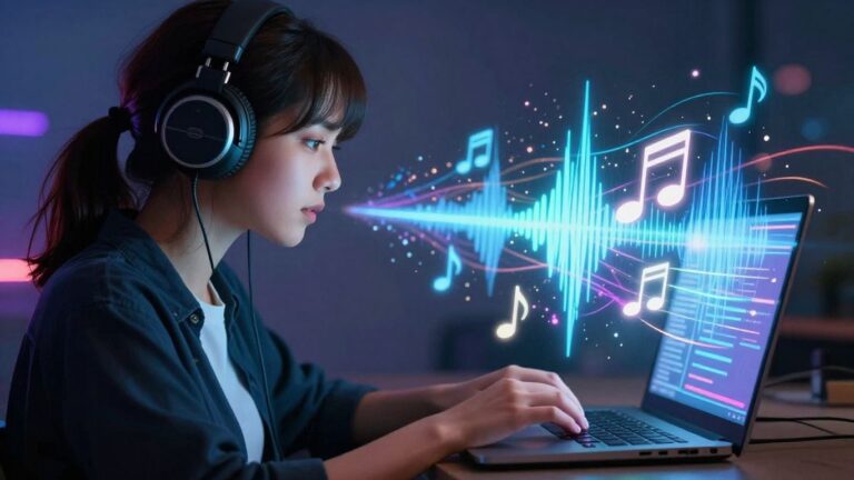AI song creation process with headphones and sound waves.