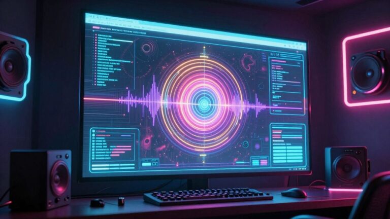 AI music video production studio with holographic display.