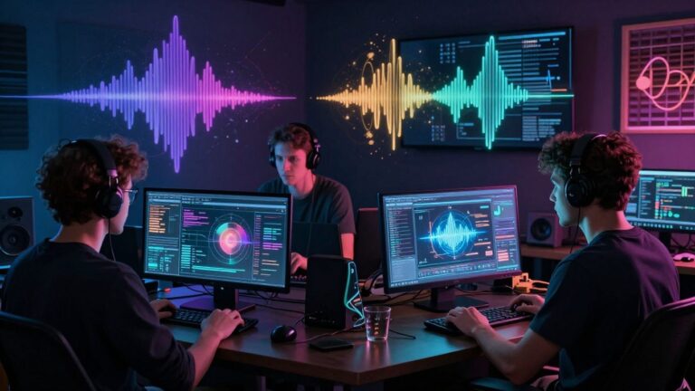 AI music creation studio with glowing sound waves.