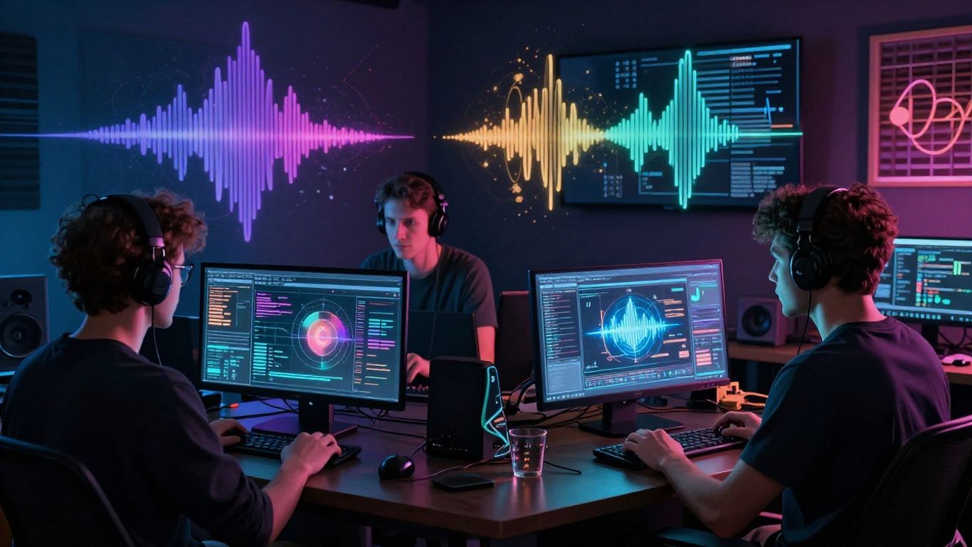 AI music creation studio with glowing sound waves.