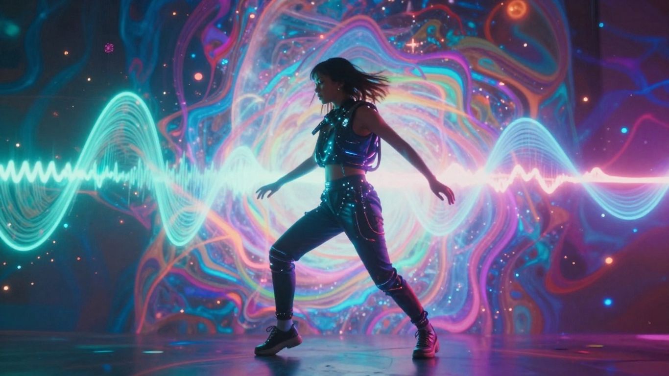 AI music video visuals with digital avatar and waveforms.