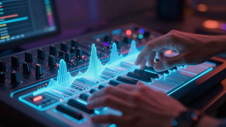 Hands creating AI music on a futuristic synthesizer.