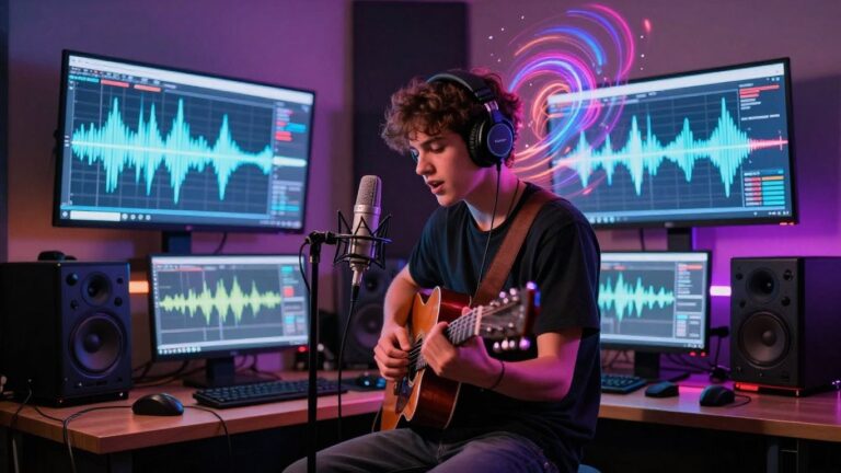 Musician in home studio recording with AI effects