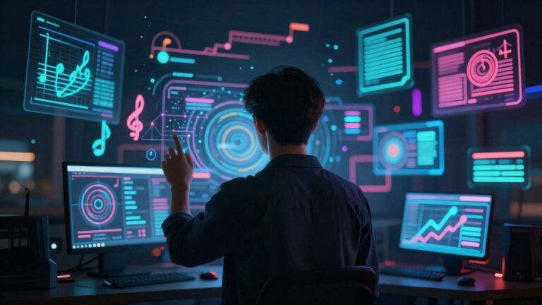 AI music video creation with glowing interfaces.