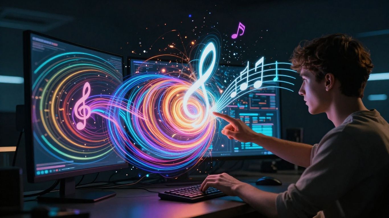 AI music video creation interface with glowing lights.