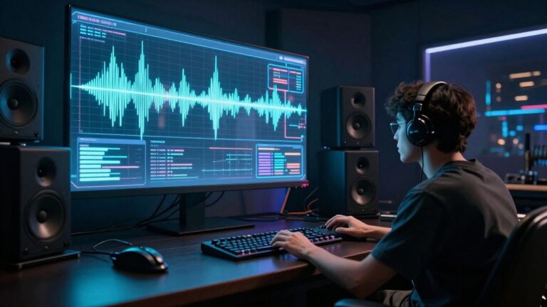 AI music production studio with holographic interfaces.