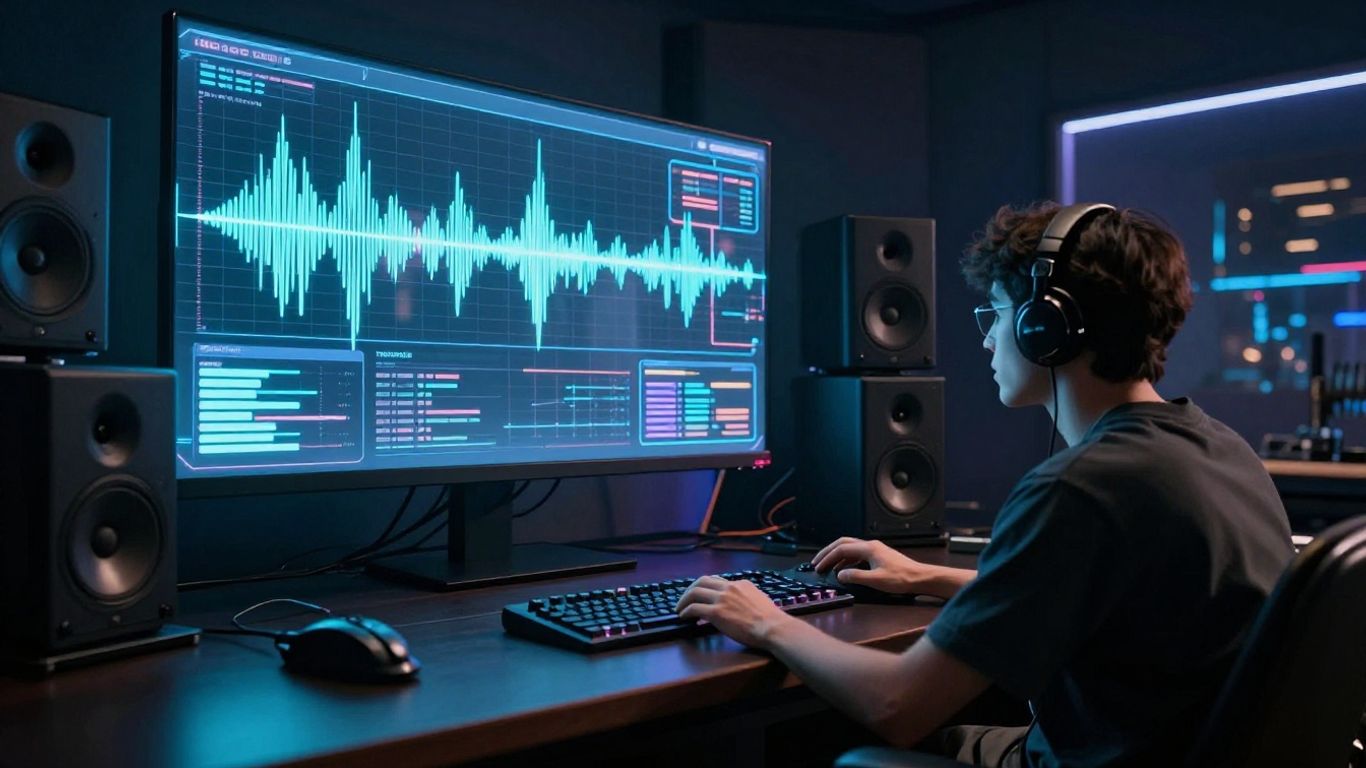 AI music production studio with holographic interfaces.