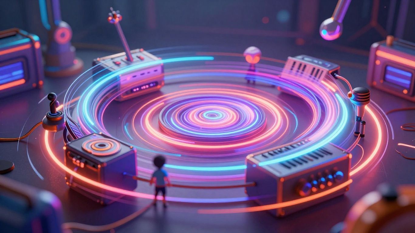 AI music video creation, futuristic, vibrant, abstract