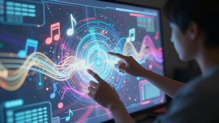 AI music video generation interface with glowing visuals.