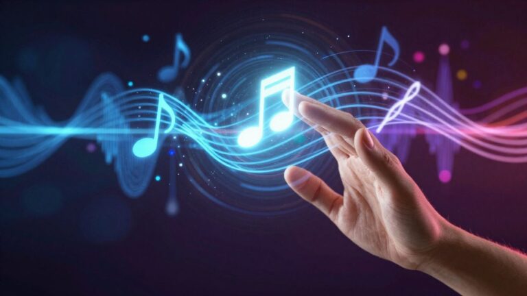 AI creating music with digital interface and sound waves.