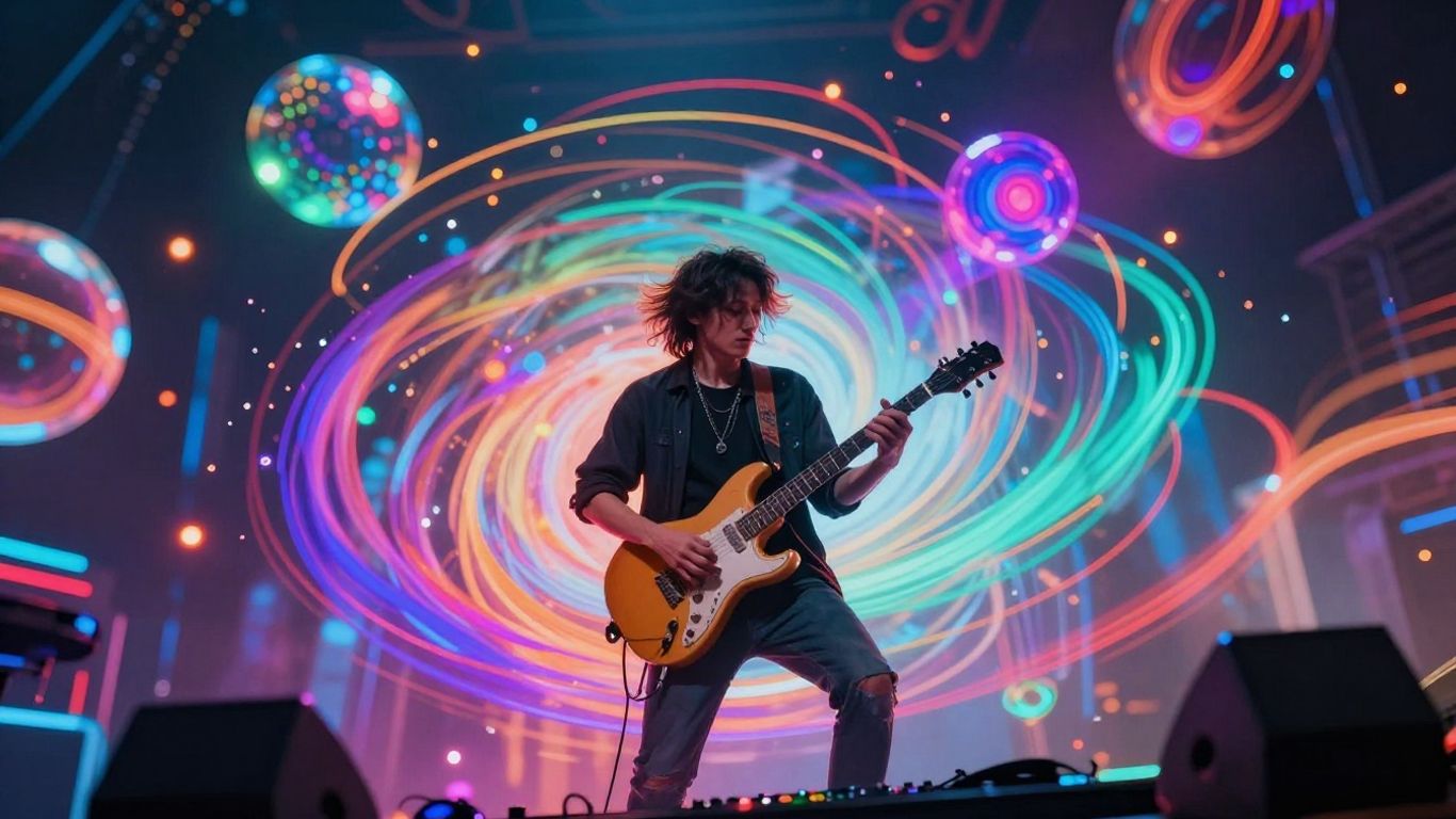 AI music video visuals with musician and abstract lights.