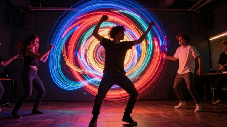 Person dancing in a colorful, abstract music video.