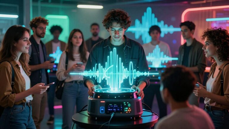 People interacting with glowing soundwaves from futuristic devices.