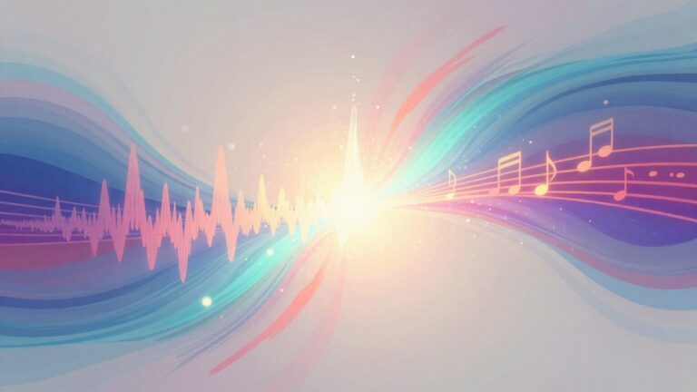 Abstract sound waves turning into musical notes.