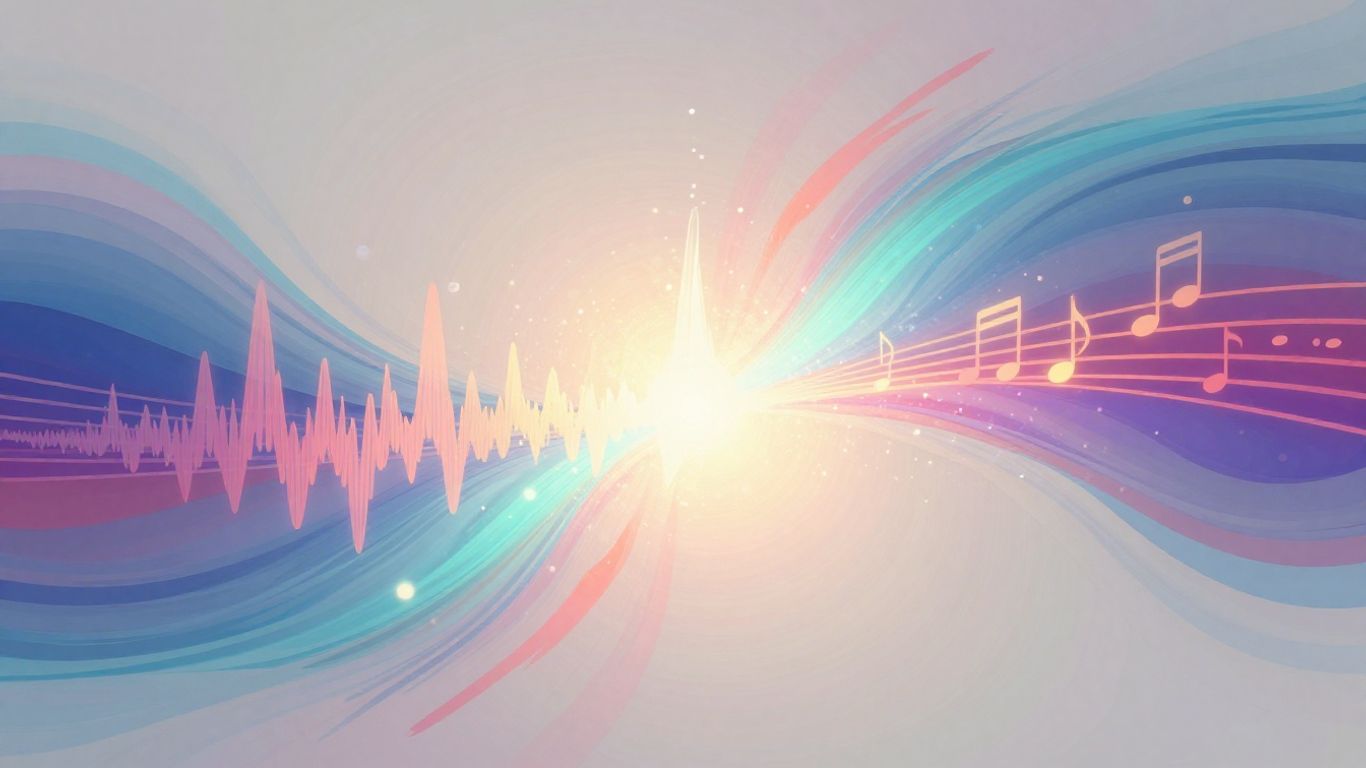 Abstract sound waves turning into musical notes.