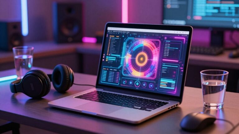 Laptop displaying AI-generated music video scenes