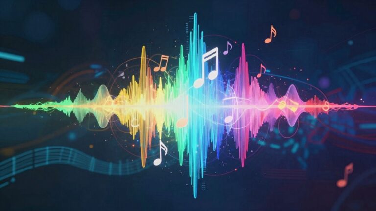 AI music generation concept with sound waves and notes.