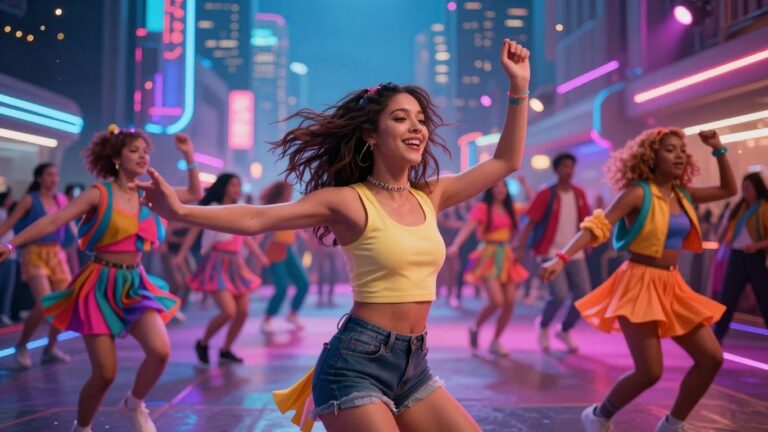 AI music video with dancers and cityscape.