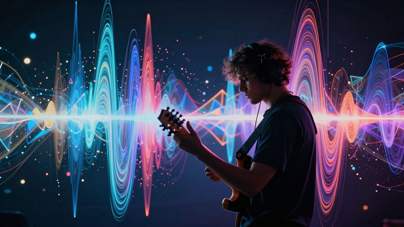 Musician with AI-generated soundwaves and light particles.