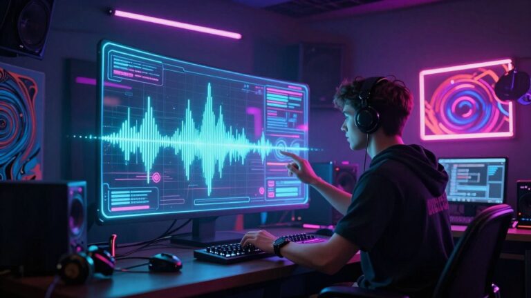 AI pop music video creation in a futuristic studio.