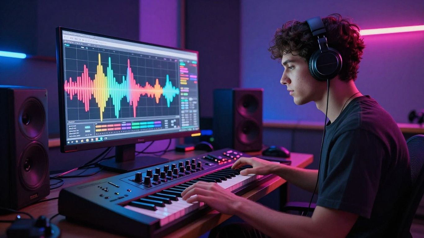 AI music video creation in a futuristic studio.