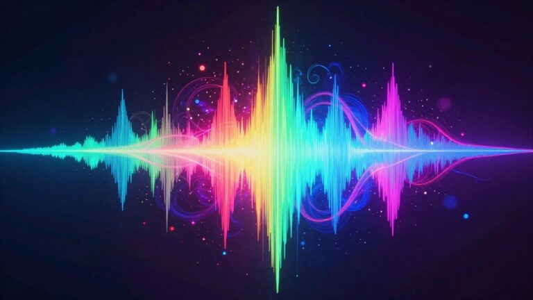 AI music visualizer with glowing particles.