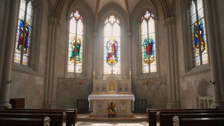 Serene church interior with sunlight through stained glass.