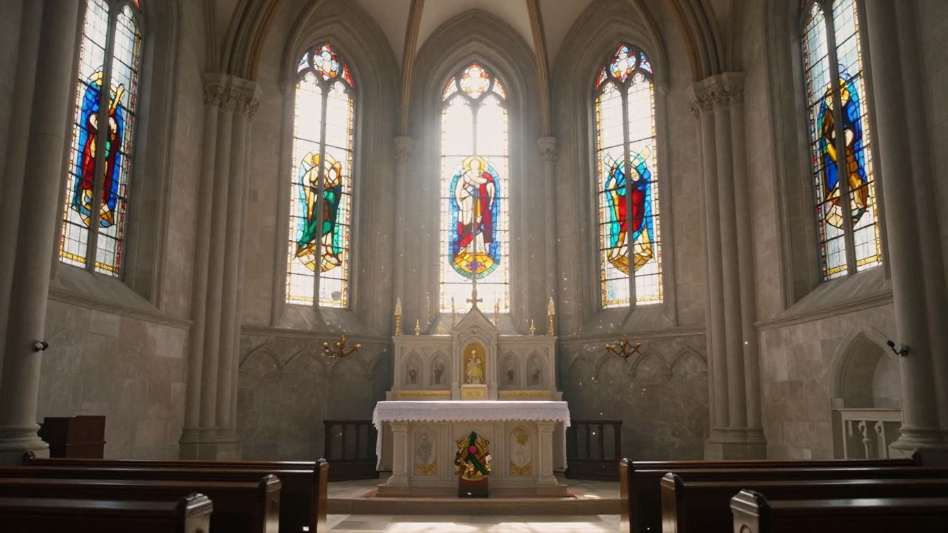 Serene church interior with sunlight through stained glass.
