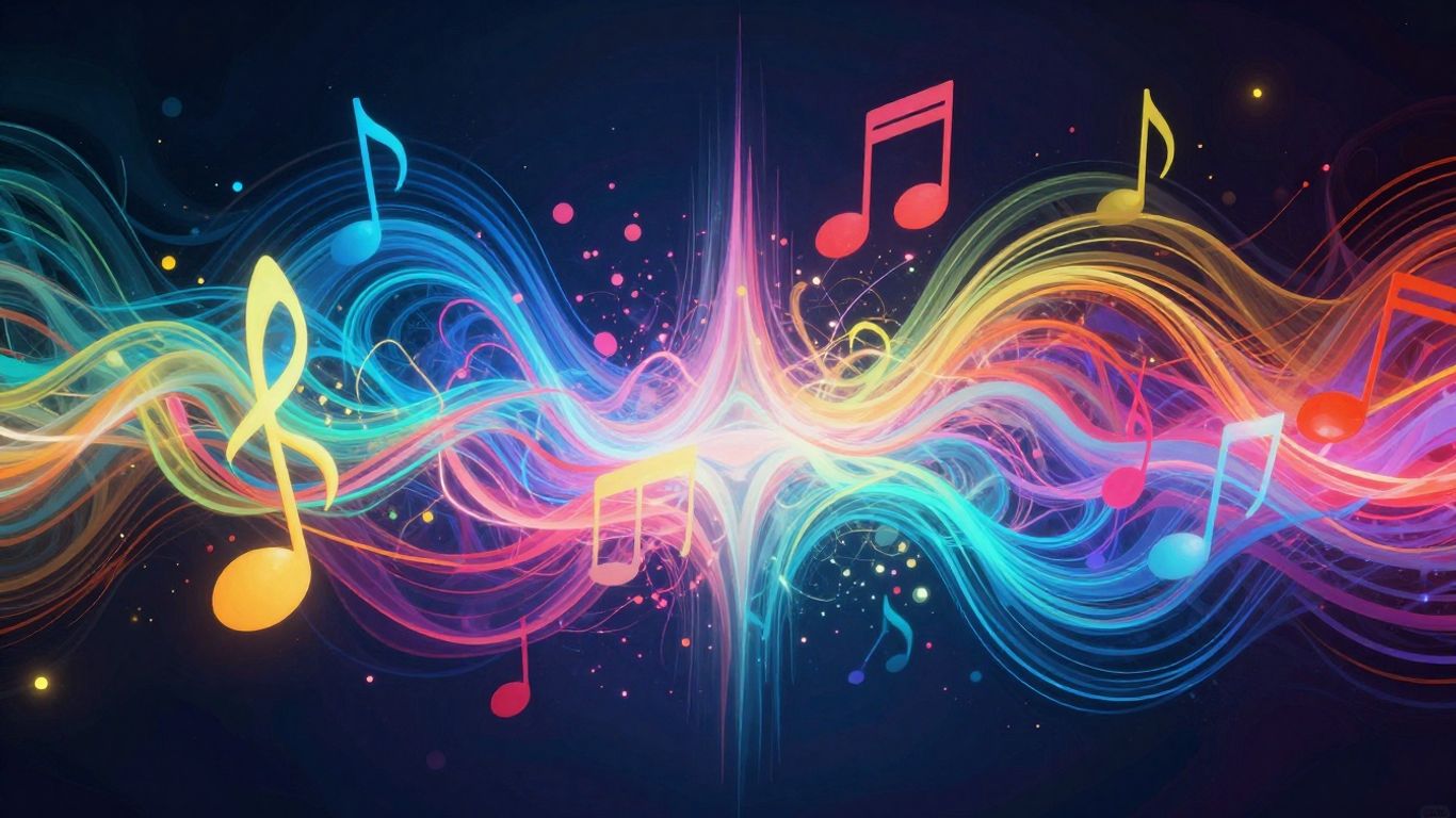 Abstract visualizer with musical notes and sound waves.