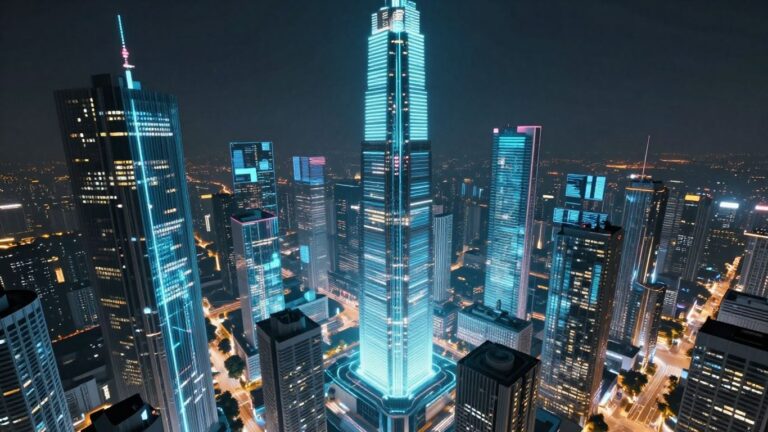 AI video generation cityscape with digital streams